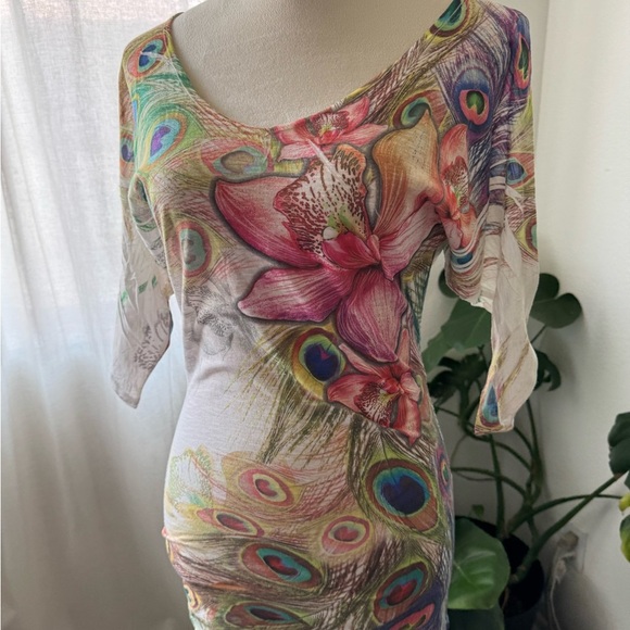 Vintage y2k Burnout Peacok floral Tunic Dress Cut out Sleeve - Picture 3 of 8